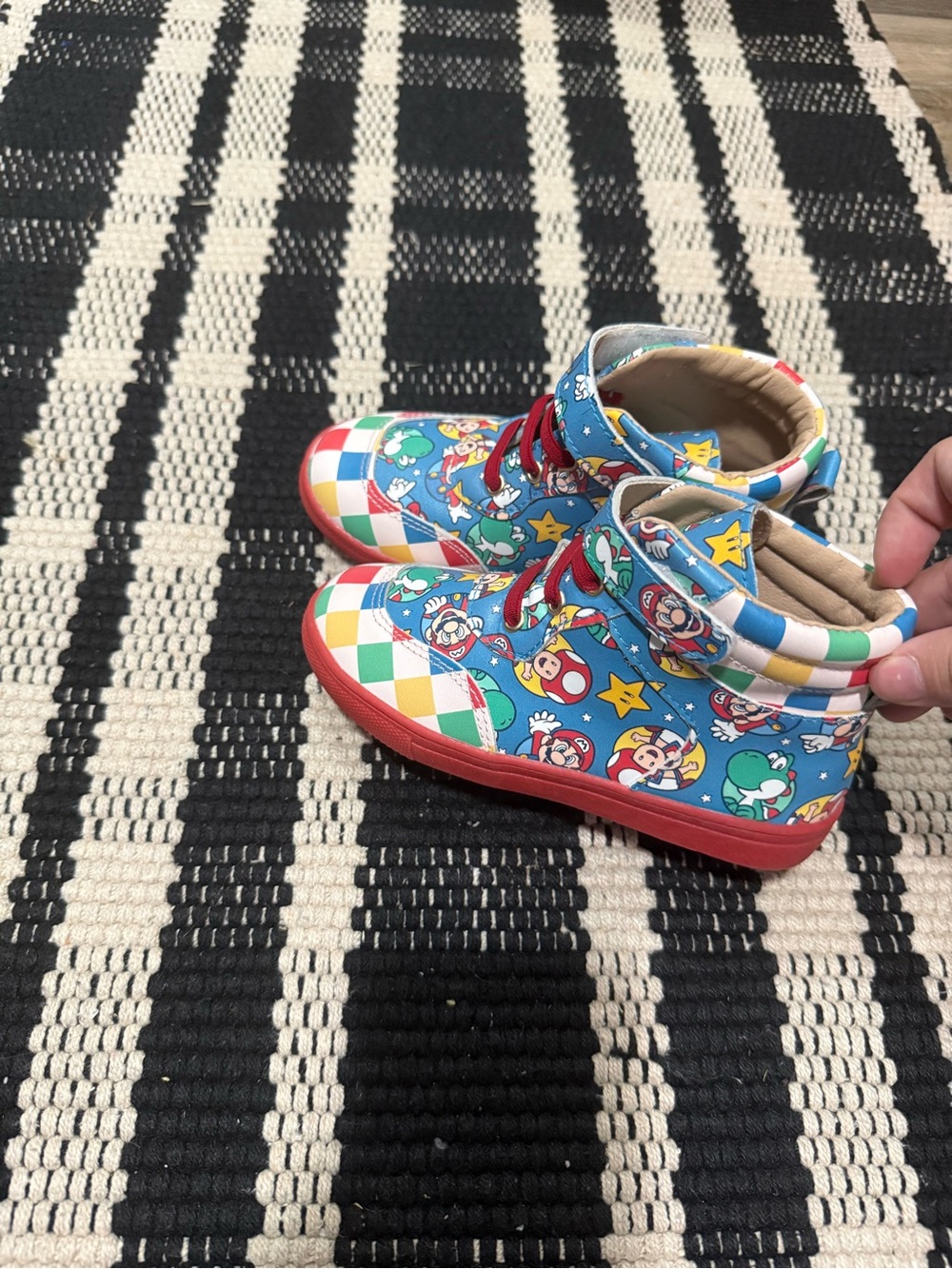Kids Blue Cartoon-Print High-Top Sneakers with Red Soles